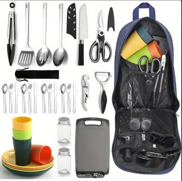 18 or 32 Piece Stainless Steel Portable Camping Kitchen Picnic Utensils Set, Family or Single Serve Cookware Set, Outdoor Cooking And Barbecue Utensils with Organizer Travel Kit - Image 3