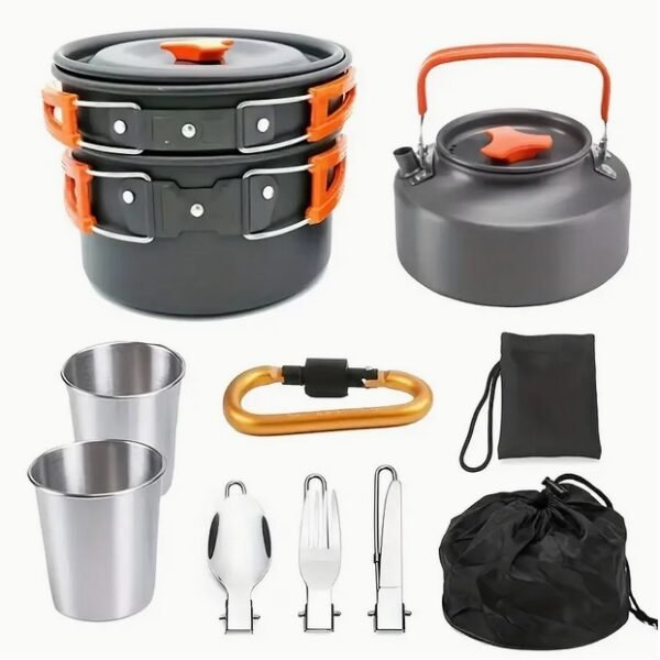 13pc Compact Backpacking Aluminum Non-Stick Camping Cookware Set with Skillet, Sauce Pan, Tea / Coffee Pot for hot water, Stainless Steel Utensils, Cups, 2 Storage Bags & Carabiner for Hanging on Backpack, Outdoor Kitchen Equipment for Hiking, Picnic, Travel, Cooking. Works great with Jetboil and other Portable Burner Flash cooking systems