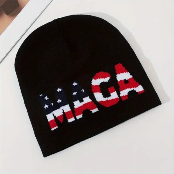 MAGA Patriotic Knit Beanie, Warm Soft & Stretchy, Black color with American Flag & Stars Design, Perfect for Fall/Winter, Stars and stripes, Patriot Trump Hat Wear, Red White and Blue