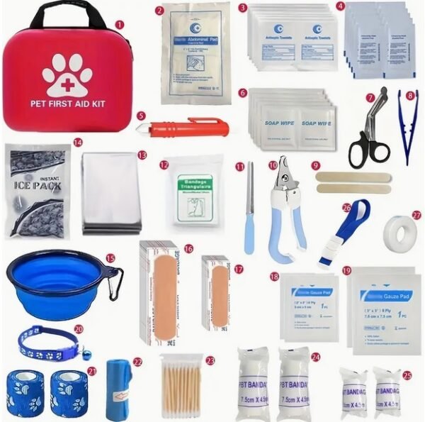 Travel Pet First Aid Kit for Dogs & Cats - Portable Emergency Care Set with Manual, Scissors, Emergency Blanket, Flea Remover Tweezers, Bandages - Ideal for Hiking, Camping, Backpacking, Hunting - with Waterproof Red Zipper Bag