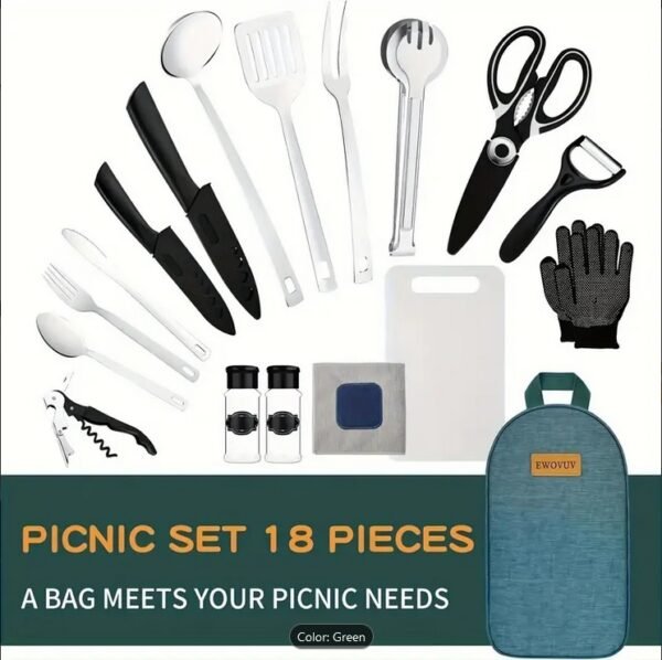 18 or 32 Piece Stainless Steel Portable Camping Kitchen Picnic Utensils Set, Family or Single Serve Cookware Set, Outdoor Cooking And Barbecue Utensils with Organizer Travel Kit - Image 2