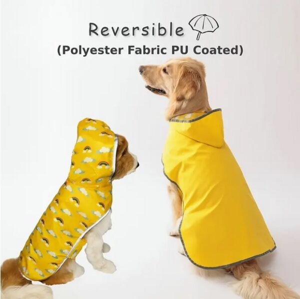 Reversible Dog Raincoat with Hood, Waterproof Polyester Pet Jacket Yellow with Cloud Print, Machine Washable, Pattern lined with Reflective Edging, Adjustable Straps for Small to Extra Large Breeds