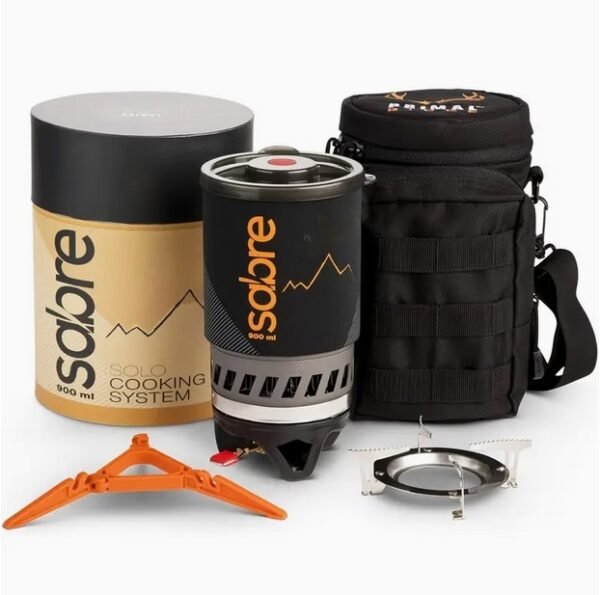 SABRE Solo Cooking System with pot support, carrying case, cooking vessel and lid. Portable Compact Multifunctional Backpacking Stove, Isobutane Gas Jet Burner/boiler, Camping Cooking And Boiling, Essential Camping Cookware, Camping Pot Cooker, Coffee Brewing, Emergency Prepping essential, Weighs only 30.34 Ounces