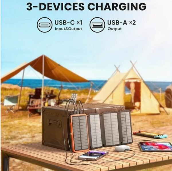 Solar Charger 27000mAh, Portable Solar Phone Charger with 4 Solar Panels & an LED light, High Capacity Solar Power Bank External Battery Pack with LED Light, Suitable for All Smartphones, Cellphones, Tablets And Hiking, Camping, USB & USB C Charging Ports - Image 2