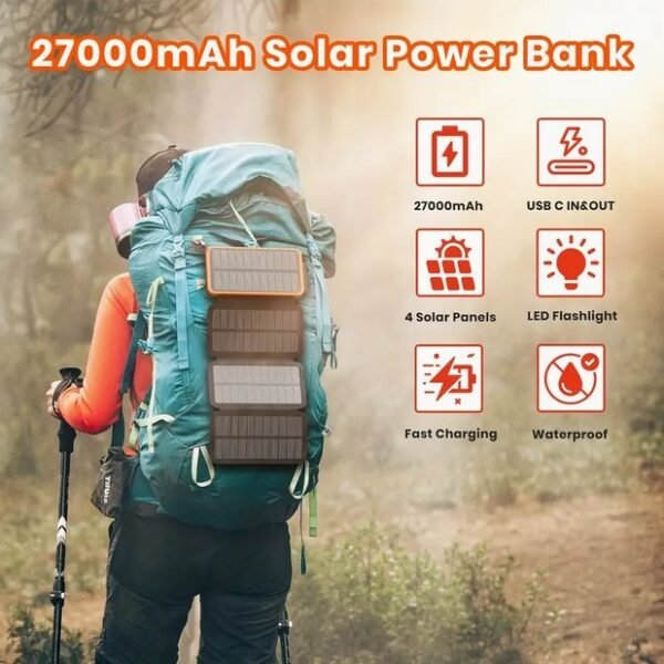 Solar Charger 27000mAh, Portable Solar Phone Charger with 4 Solar Panels & an LED light, High Capacity Solar Power Bank External Battery Pack with LED Light, Suitable for All Smartphones, Cellphones, Tablets And Hiking, Camping, USB & USB C Charging Ports